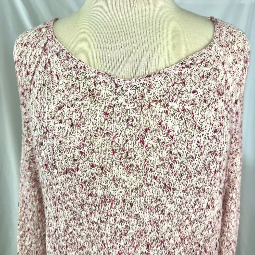 FREE PEOPLE Marled Pink White Textured Loose Knit  Swing Sweater Women XS Beachy